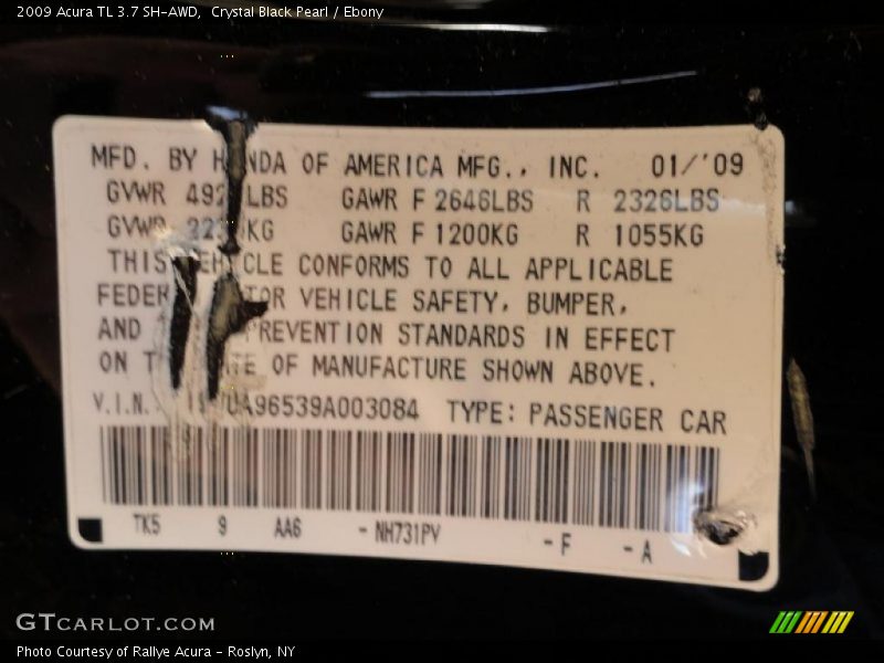 2009 TL 3.7 SH-AWD Crystal Black Pearl Color Code NH731PV