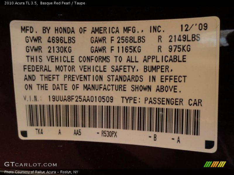 2010 TL 3.5 Basque Red Pearl Color Code R530PX