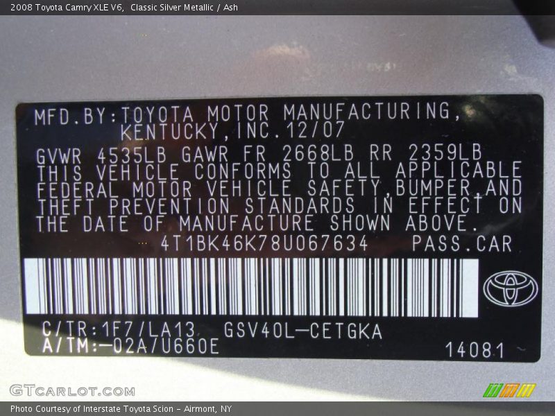 Classic Silver Metallic / Ash 2008 Toyota Camry XLE V6