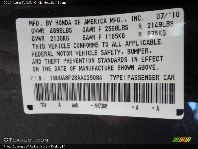Grigio Metallic / Ebony 2010 Acura TL 3.5