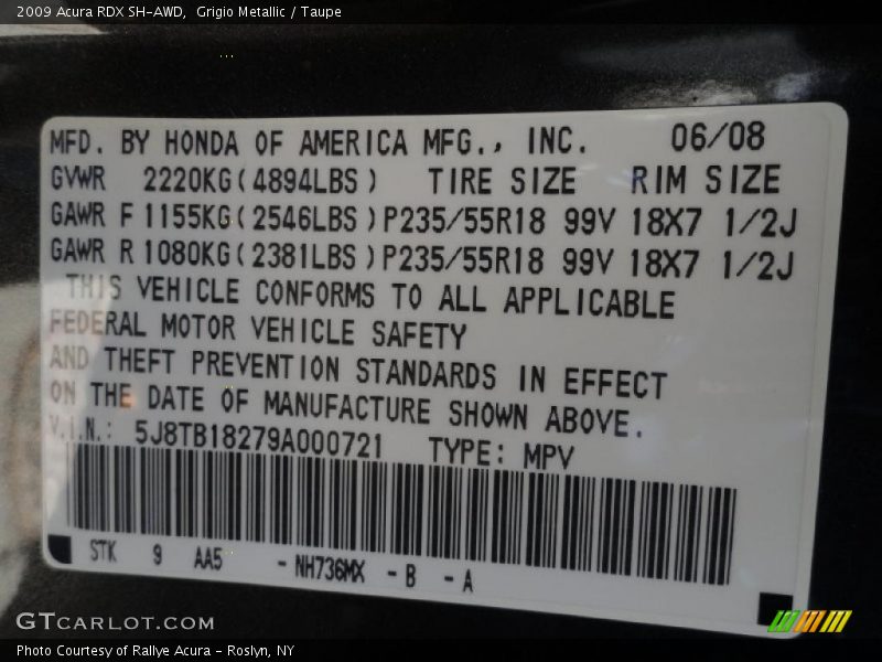 2009 RDX SH-AWD Grigio Metallic Color Code NH736MX