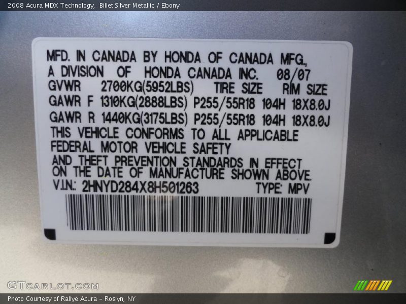 Billet Silver Metallic / Ebony 2008 Acura MDX Technology