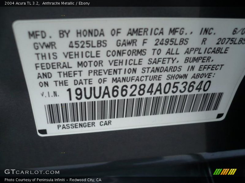 Anthracite Metallic / Ebony 2004 Acura TL 3.2