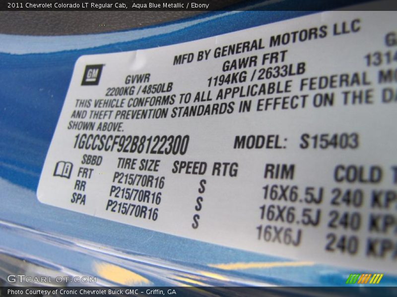 Info Tag of 2011 Colorado LT Regular Cab