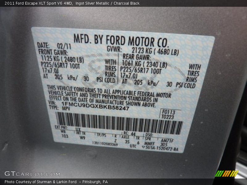 Ingot Silver Metallic / Charcoal Black 2011 Ford Escape XLT Sport V6 4WD