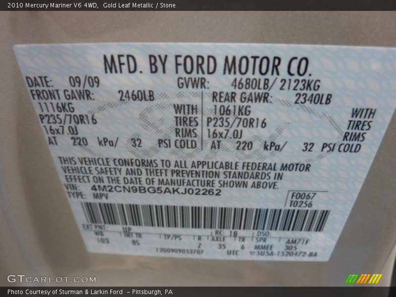 Gold Leaf Metallic / Stone 2010 Mercury Mariner V6 4WD