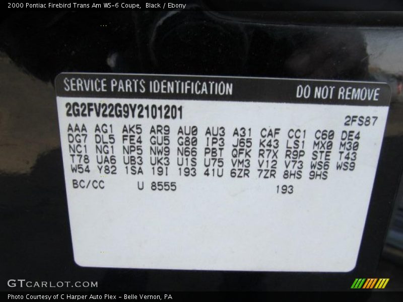 Info Tag of 2000 Firebird Trans Am WS-6 Coupe