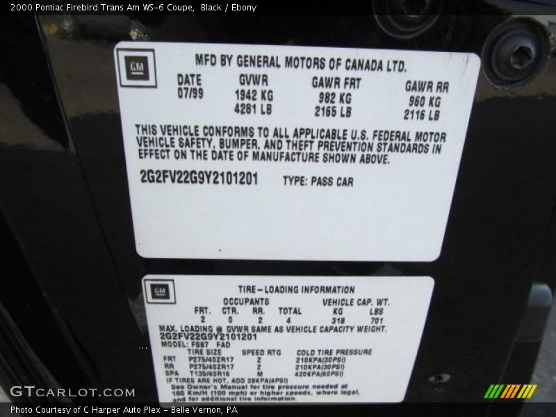 Info Tag of 2000 Firebird Trans Am WS-6 Coupe