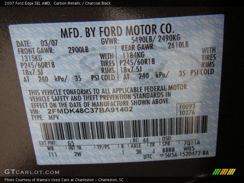 Carbon Metallic / Charcoal Black 2007 Ford Edge SEL AWD