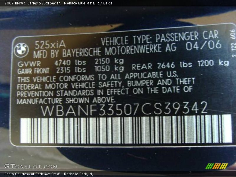 Monaco Blue Metallic / Beige 2007 BMW 5 Series 525xi Sedan
