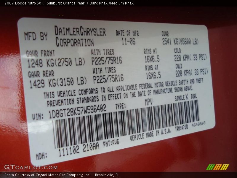 Sunburst Orange Pearl / Dark Khaki/Medium Khaki 2007 Dodge Nitro SXT