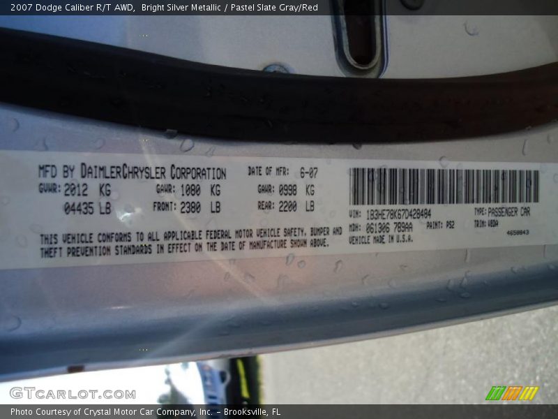Bright Silver Metallic / Pastel Slate Gray/Red 2007 Dodge Caliber R/T AWD