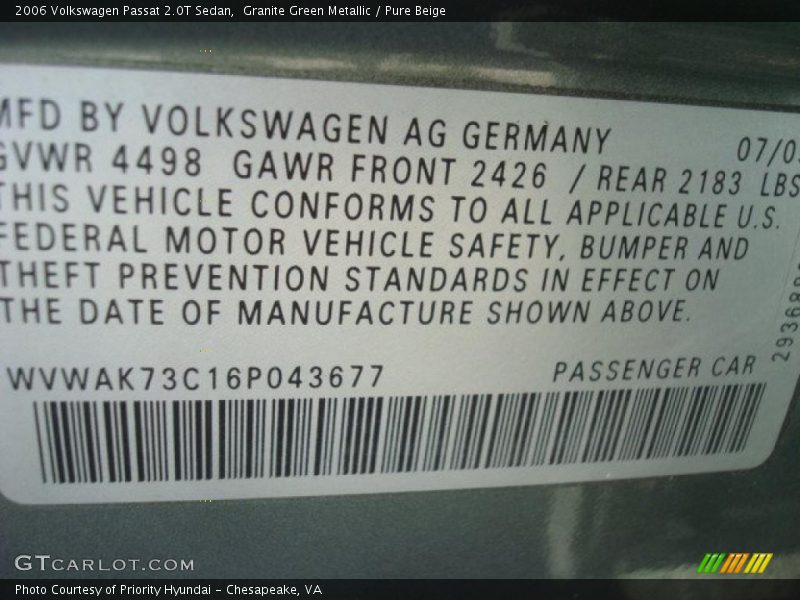 Granite Green Metallic / Pure Beige 2006 Volkswagen Passat 2.0T Sedan