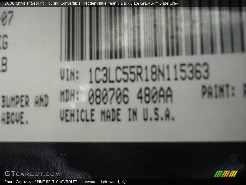 Modern Blue Pearl / Dark Slate Gray/Light Slate Gray 2008 Chrysler Sebring Touring Convertible