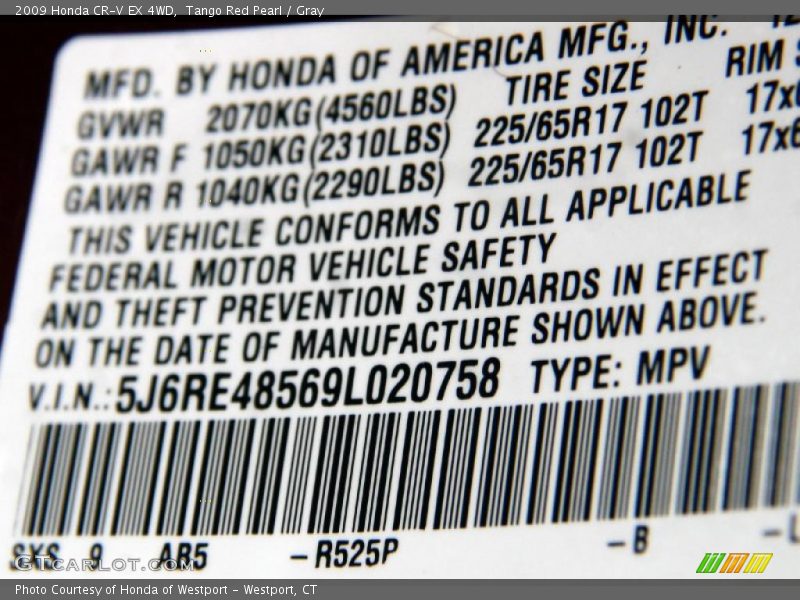 Tango Red Pearl / Gray 2009 Honda CR-V EX 4WD