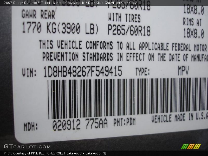 Mineral Gray Metallic / Dark Slate Gray/Light Slate Gray 2007 Dodge Durango SLT 4x4