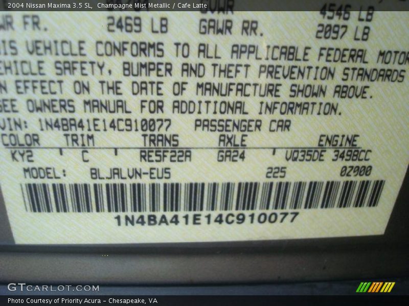 Champagne Mist Metallic / Cafe Latte 2004 Nissan Maxima 3.5 SL