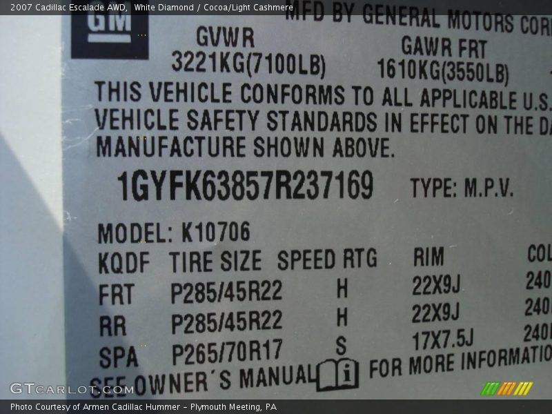 White Diamond / Cocoa/Light Cashmere 2007 Cadillac Escalade AWD
