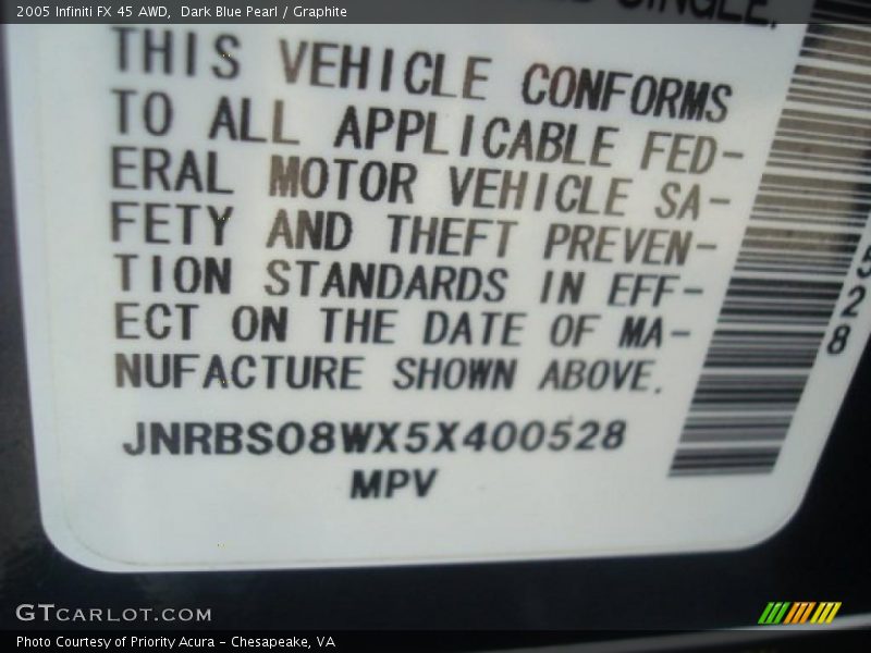 Dark Blue Pearl / Graphite 2005 Infiniti FX 45 AWD