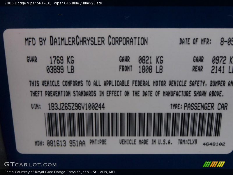 2006 Viper SRT-10 Viper GTS Blue Color Code PBE