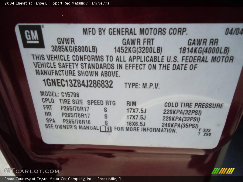 Sport Red Metallic / Tan/Neutral 2004 Chevrolet Tahoe LT