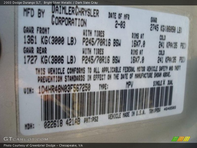Bright Silver Metallic / Dark Slate Gray 2003 Dodge Durango SLT