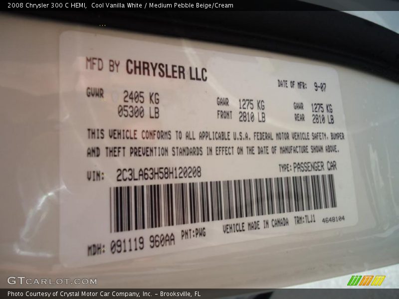 2008 300 C HEMI Cool Vanilla White Color Code PWG
