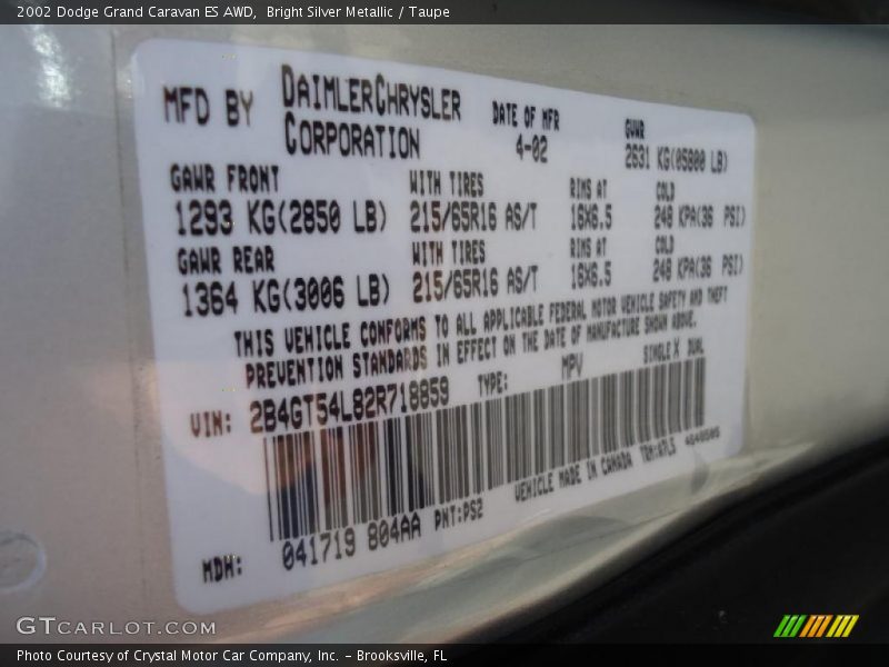 Bright Silver Metallic / Taupe 2002 Dodge Grand Caravan ES AWD