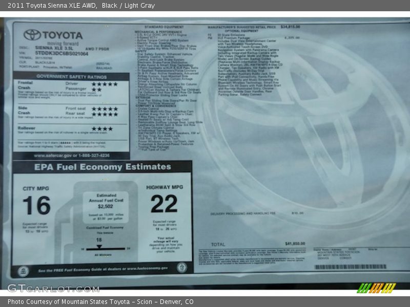  2011 Sienna XLE AWD Window Sticker