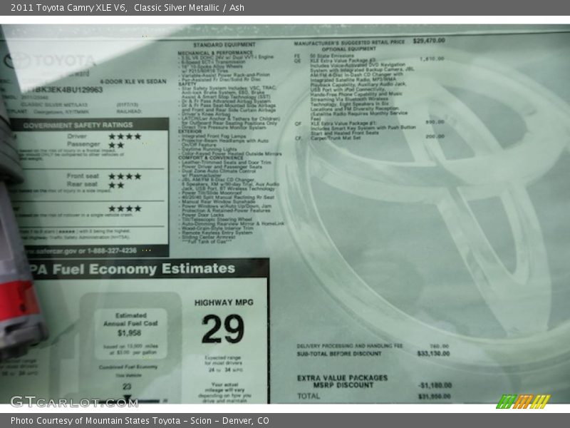  2011 Camry XLE V6 Window Sticker
