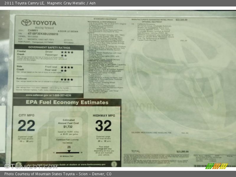  2011 Camry LE Window Sticker