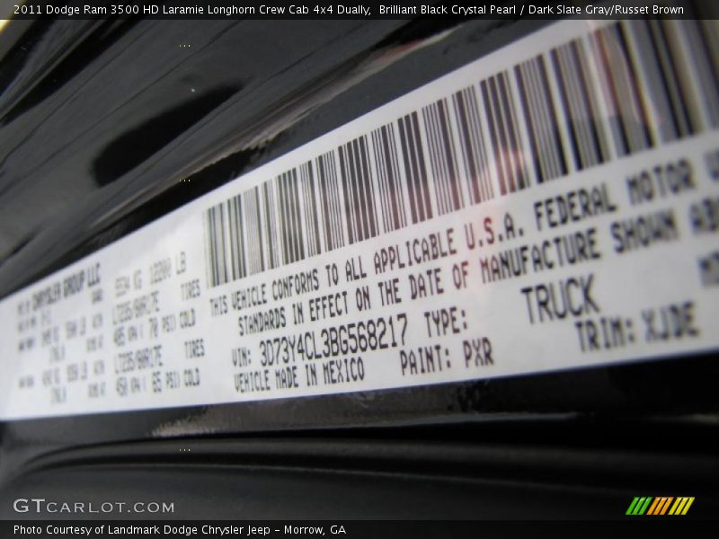 2011 Ram 3500 HD Laramie Longhorn Crew Cab 4x4 Dually Brilliant Black Crystal Pearl Color Code PXR