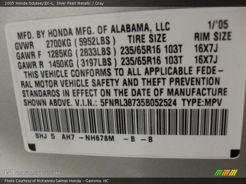 Silver Pearl Metallic / Gray 2005 Honda Odyssey EX-L