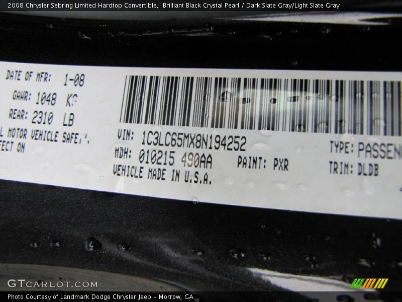 2008 Sebring Limited Hardtop Convertible Brilliant Black Crystal Pearl Color Code PXR