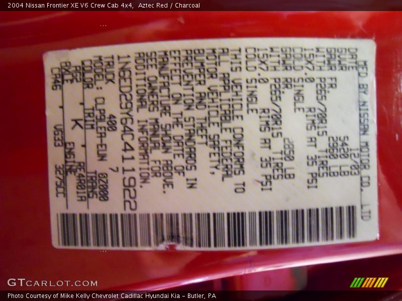 Aztec Red / Charcoal 2004 Nissan Frontier XE V6 Crew Cab 4x4