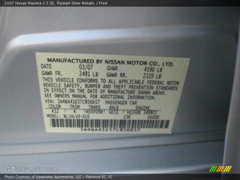 Radiant Silver Metallic / Frost 2007 Nissan Maxima 3.5 SE