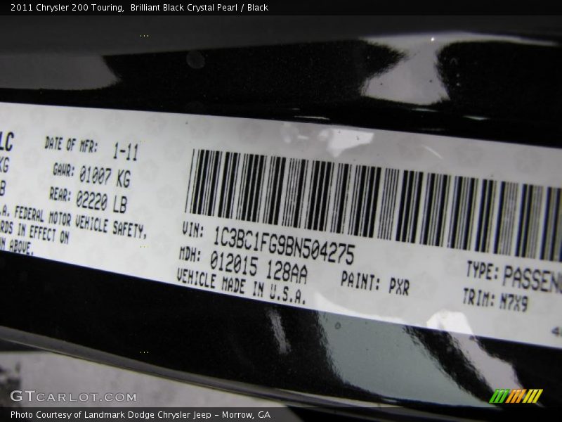 2011 200 Touring Brilliant Black Crystal Pearl Color Code PXR