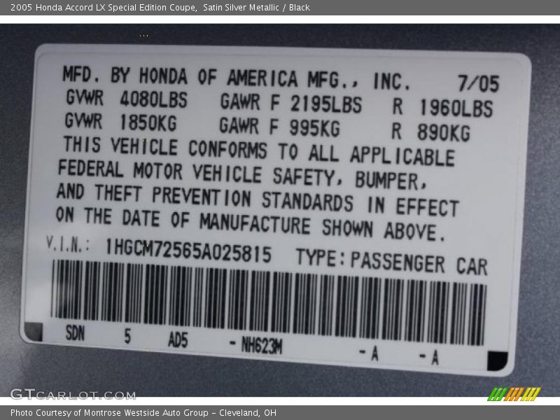 Satin Silver Metallic / Black 2005 Honda Accord LX Special Edition Coupe