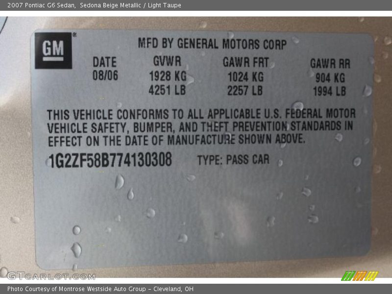 Sedona Beige Metallic / Light Taupe 2007 Pontiac G6 Sedan