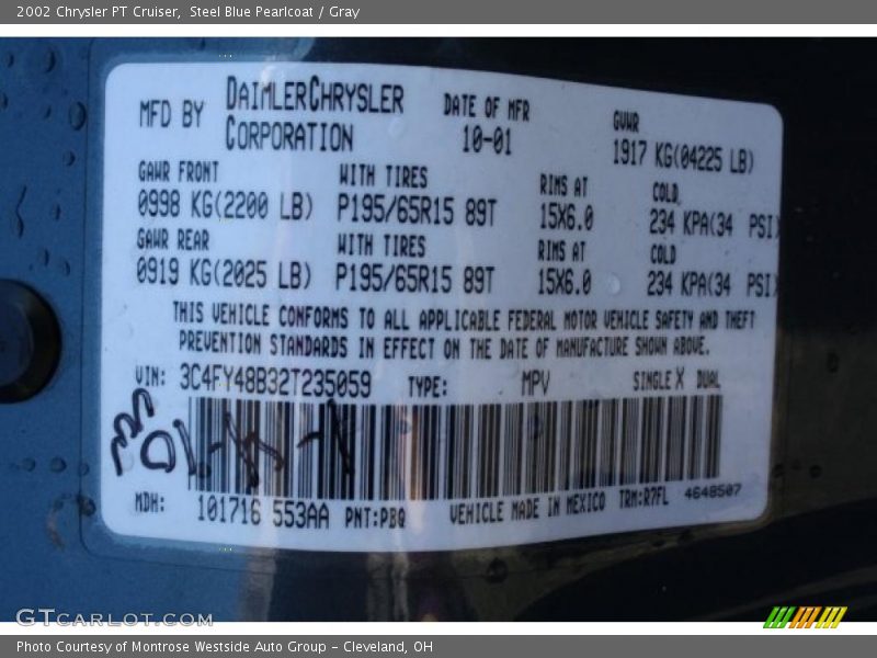 Steel Blue Pearlcoat / Gray 2002 Chrysler PT Cruiser