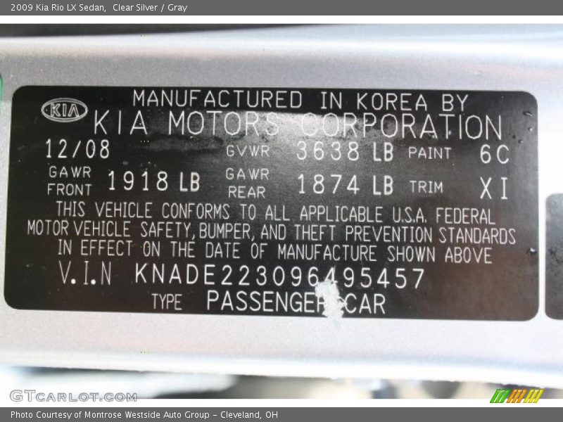 Clear Silver / Gray 2009 Kia Rio LX Sedan