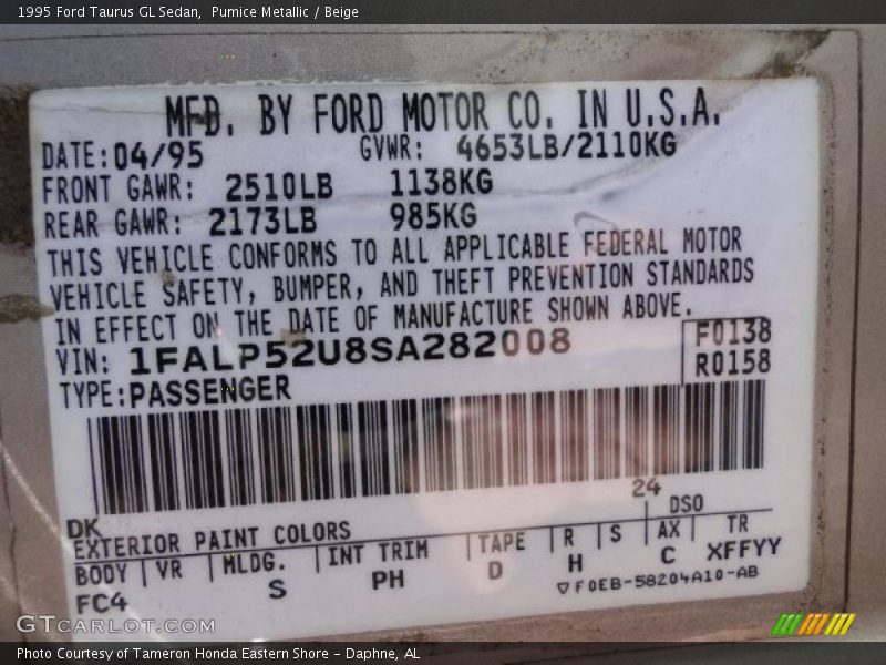 1995 Taurus GL Sedan Pumice Metallic Color Code DK