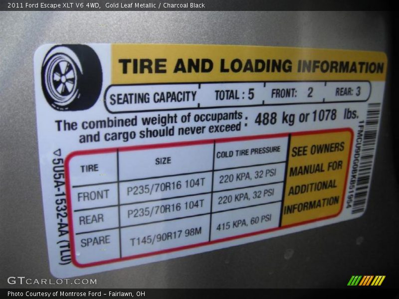 Gold Leaf Metallic / Charcoal Black 2011 Ford Escape XLT V6 4WD