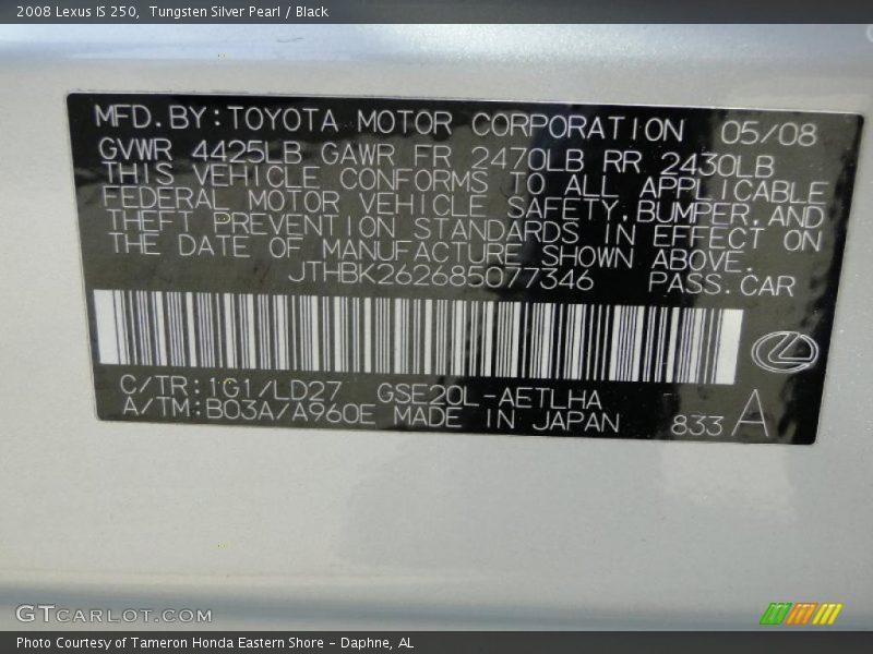 Tungsten Silver Pearl / Black 2008 Lexus IS 250