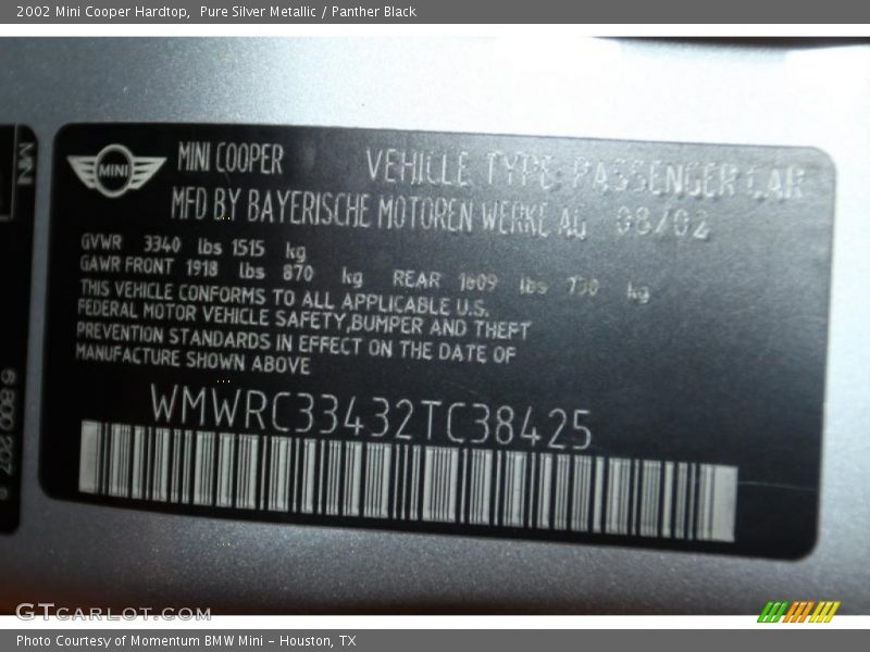 Pure Silver Metallic / Panther Black 2002 Mini Cooper Hardtop