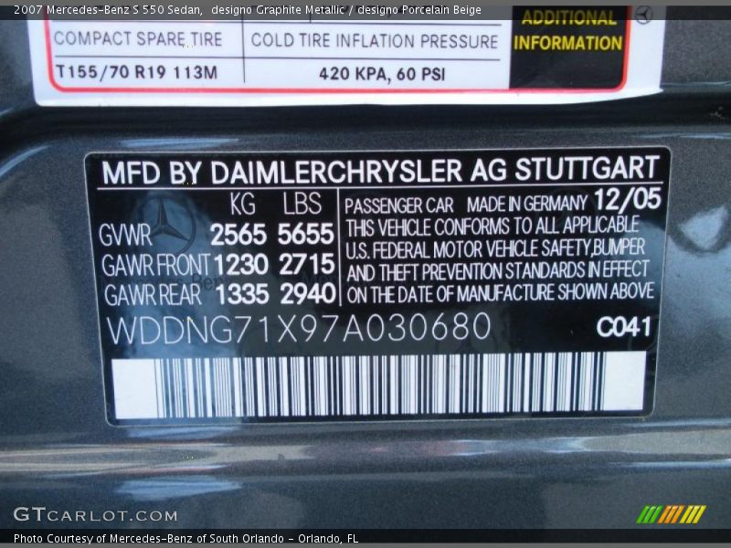 designo Graphite Metallic / designo Porcelain Beige 2007 Mercedes-Benz S 550 Sedan