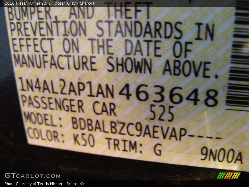 Ocean Gray / Charcoal 2010 Nissan Altima 2.5 S