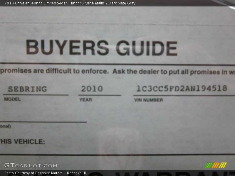 Bright Silver Metallic / Dark Slate Gray 2010 Chrysler Sebring Limited Sedan