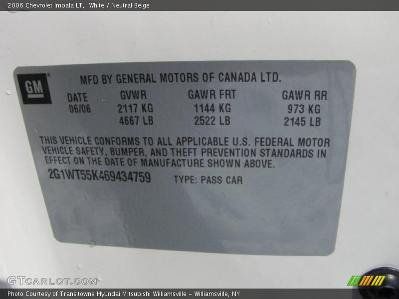 White / Neutral Beige 2006 Chevrolet Impala LT
