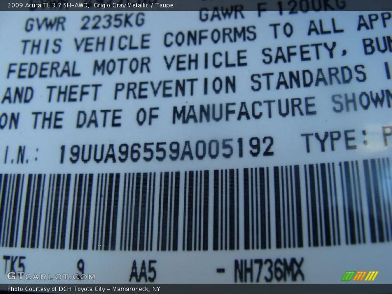 2009 TL 3.7 SH-AWD Grigio Gray Metallic Color Code NH736MX